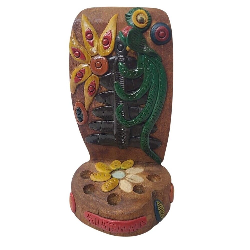 Guatemala Hand Carved Wooden Quetzal Bird Incense Holder Folk Art - Picture 1 of 11